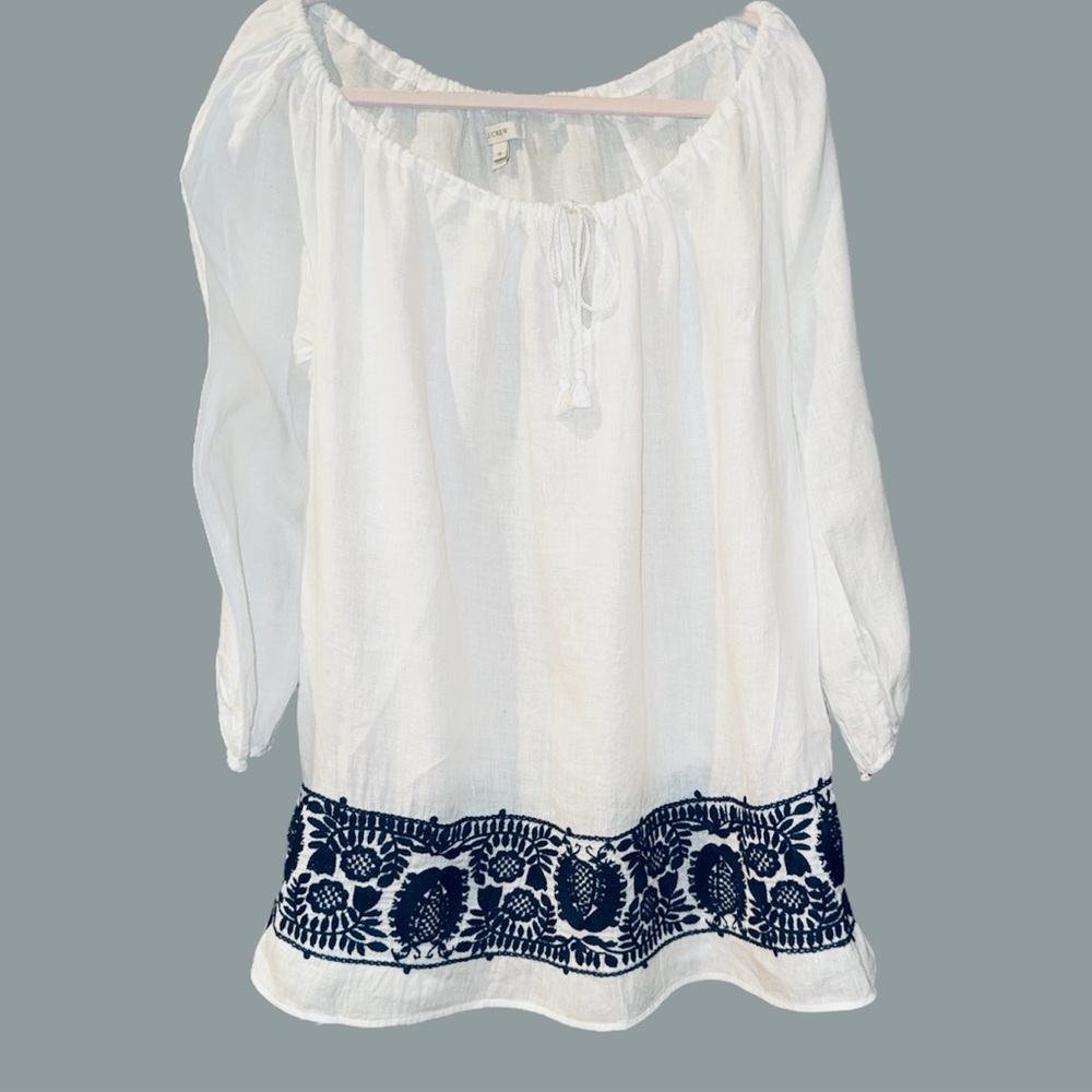 J. Crew Linen White Peasant Dress with Black Embroidery
XS